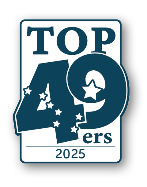 “Top 49ers 2025” badge with large navy-blue number 49, white star cutout, and smaller stars scattered across the number.