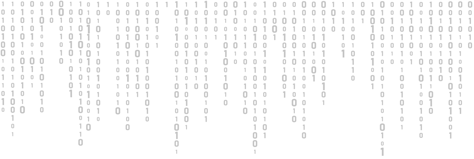 An abstract, high-contrast illustration of cascading columns of binary code (zeros and ones) in black text on a white background, representing digital data flow or a computer matrix.