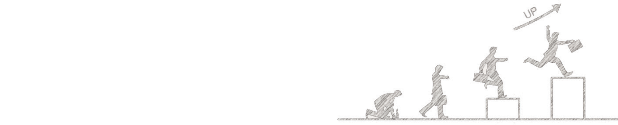 Digital Adobe Stock image display of a pencil-sketch style illustration showing the concept of career progression; Four silhouette figures of a businessman are shown moving across a horizontal line; The first figure is crouching low at a starting line, the second is walking, the third is stepping onto a low block, and the fourth is leaping enthusiastically from a high block toward an upward-pointing arrow labeled UP holding a briefcase