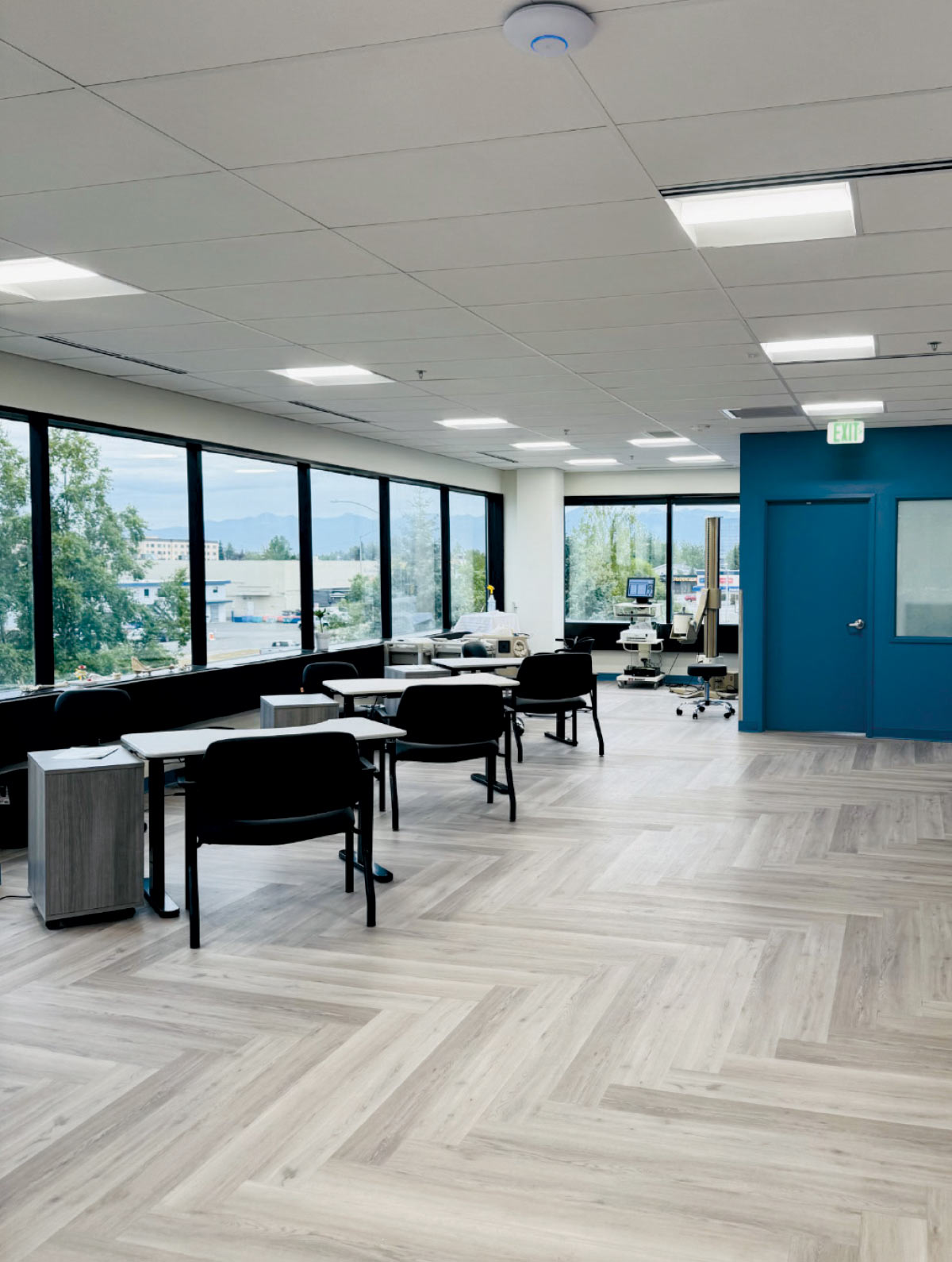 A brightly lit, modern office space.