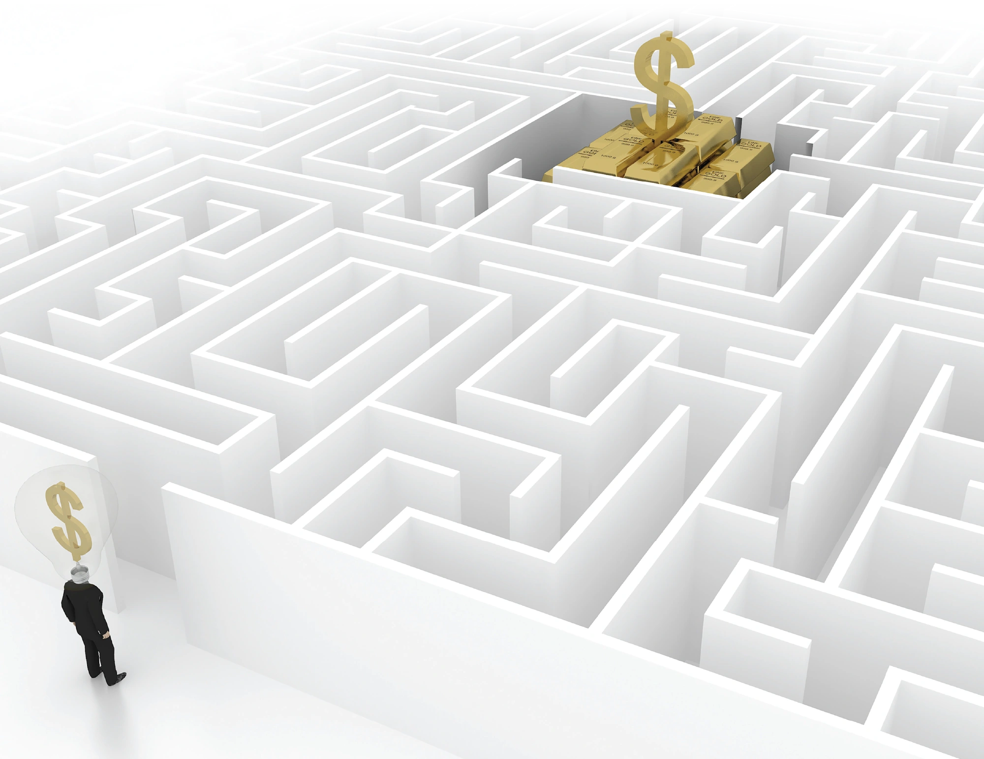 3D render of a businessman at the entrance of a white maze, with gold bars and a dollar sign as the goal in the distance.