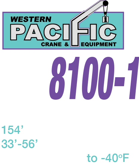 Logo for Western Pacific Crane & Equipment featuring bold black text on a turquoise background, stylized with a crane hook integrated into the letter “F,” and large purple numbers reading “8100-1” below, with smaller turquoise specifications.