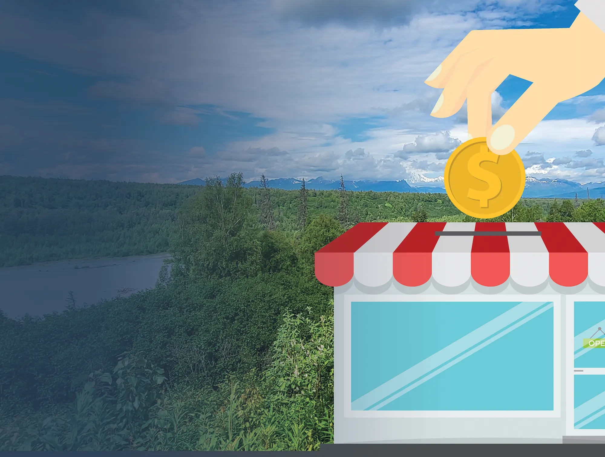 An illustration of a hand dropping a gold coin with a dollar sign into a storefront-shaped donation box, set against a natural Alaskan landscape.