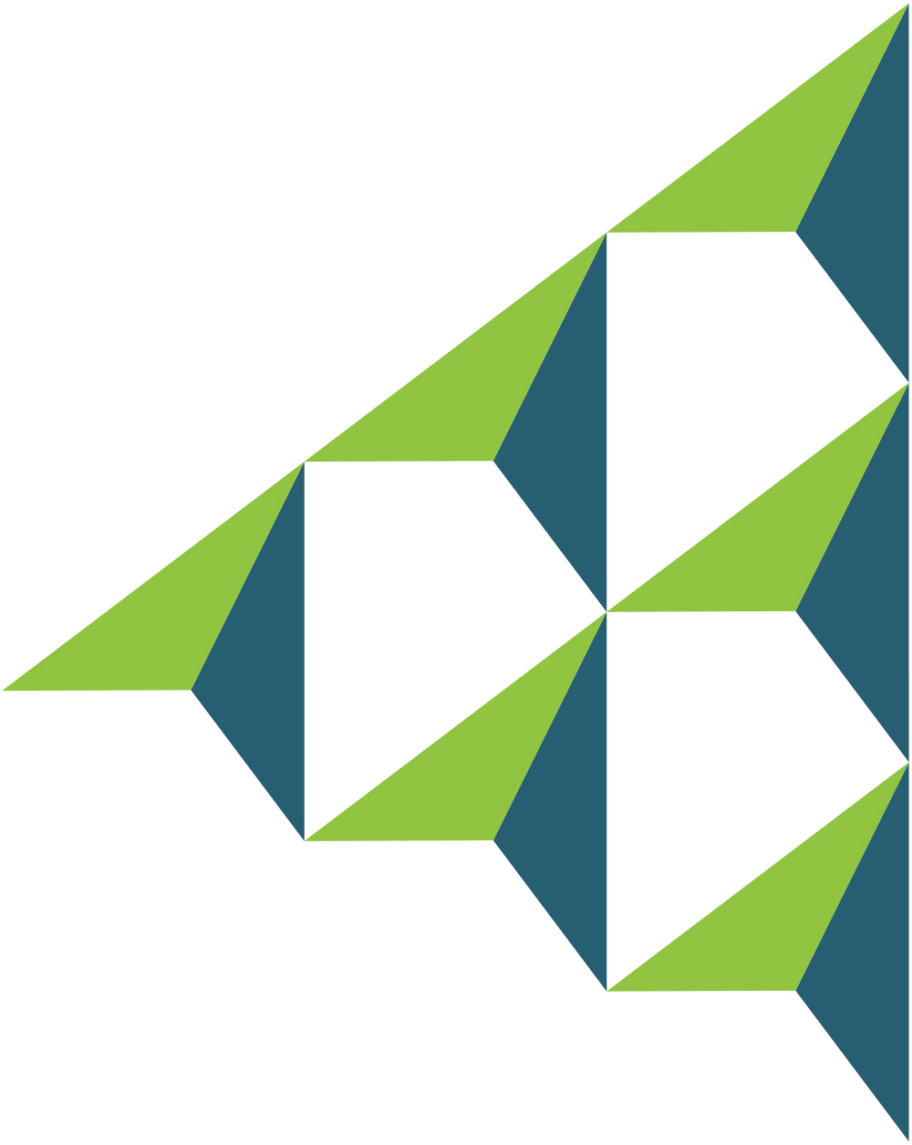 A minimalist triangular logo composed of repeating green and teal geometric shapes forming a larger arrow-like structure on a white background.