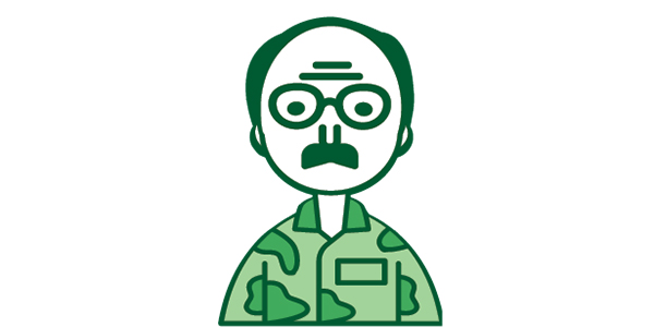 Illustrated portrait of an older veteran wearing glasses and a mustache in a military-style uniform.