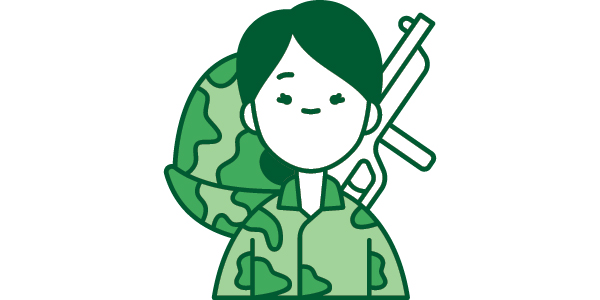 Illustration of a veteran in uniform holding a rifle with a globe behind them, representing military service with a global context.