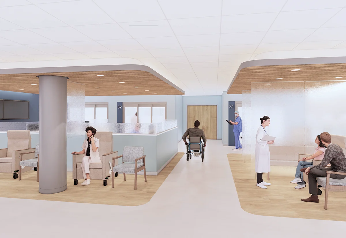 Architectural rendering of a modern hospital infusion center or recovery suite featuring light wood accents, frosted glass privacy dividers, and ergonomic patient seating with medical staff and patients