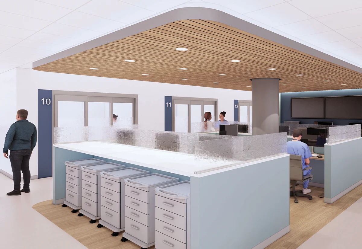 Modern hospital nurse station rendering featuring a central workspace with medical carts, textured glass privacy partitions, and integrated wood slat ceiling panels in a clinical setting
