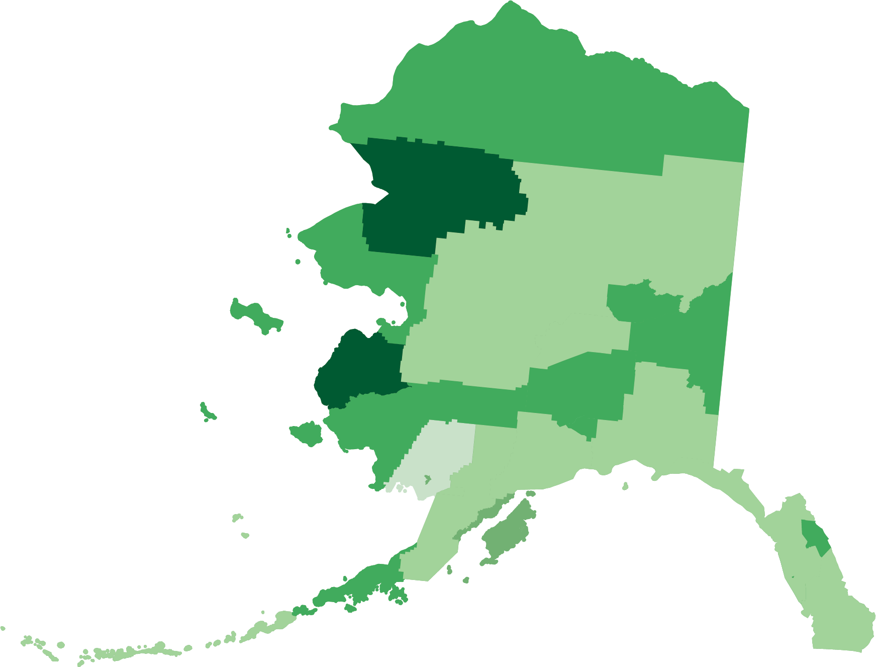 Choropleth map of Alaska shaded in varying green tones to represent differences by region.