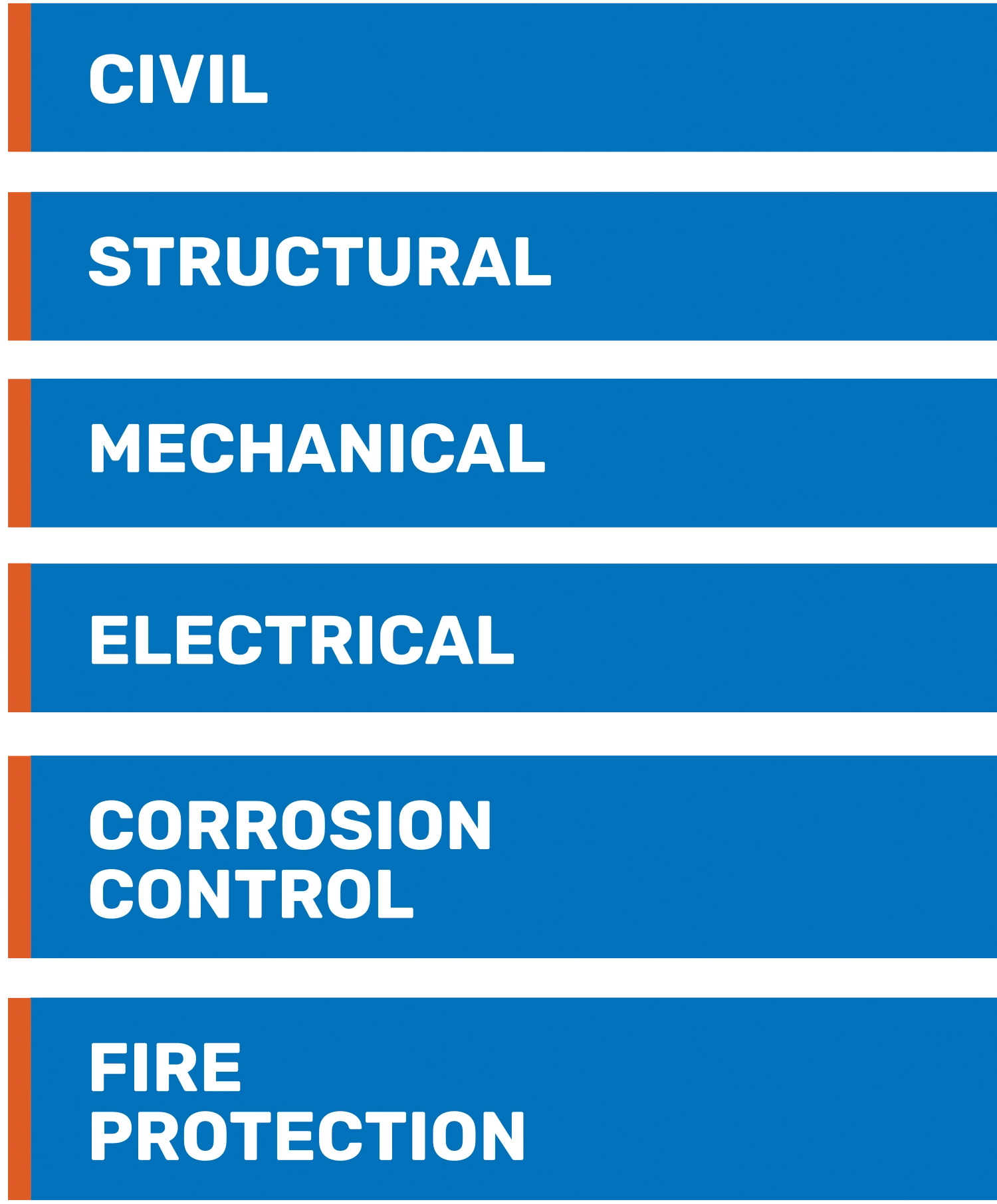 A vertical list of six blue bars with white text: CIVIL, STRUCTURAL, MECHANICAL, ELECTRICAL, CORROSION CONTROL, and FIRE PROTECTION.