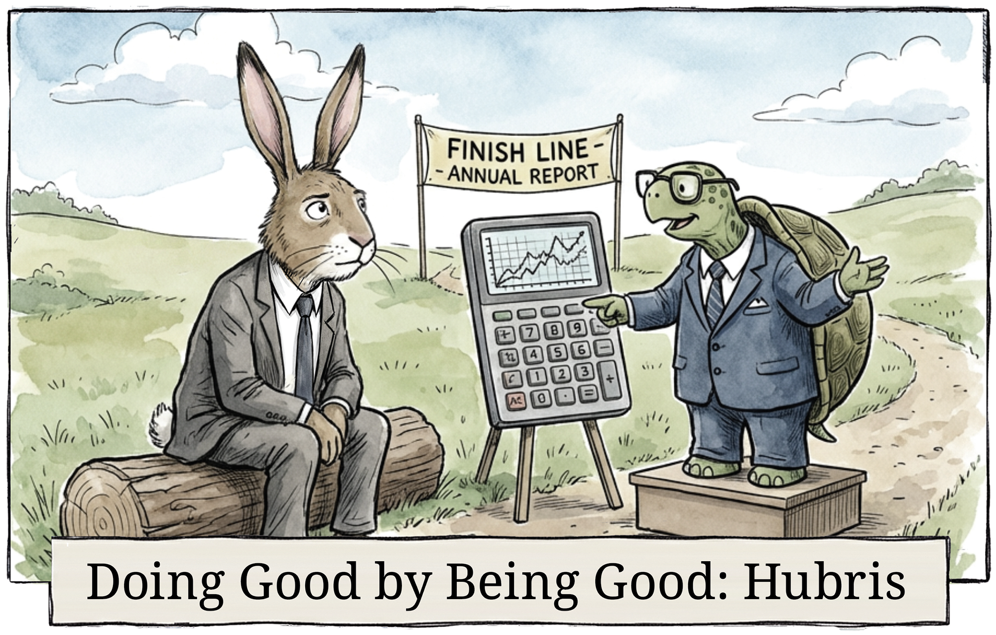 A colorful cartoon illustration titled Doing Good by Being Good: Hubris; It depicts a rabbit in a business suit sitting sadly on a log while a turtle in a similar suit points at a large calculator displaying an upward-trending graph; A banner in the background reads FINISH LINE - ANNUAL REPORT
