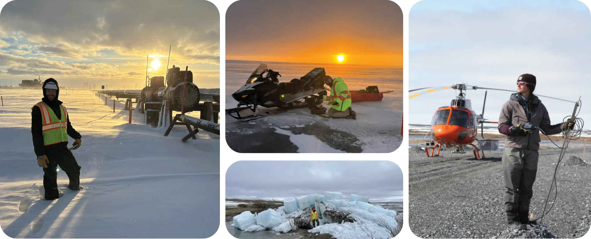 Photo collage showing field researchers working in Arctic conditions, including a worker standing near industrial equipment on snow and ice at sunrise, a technician repairing a snowmobile on sea ice, a person handling cables beside a helicopter on a gravel airstrip, and a researcher standing near large broken ice formations along a frozen shoreline.