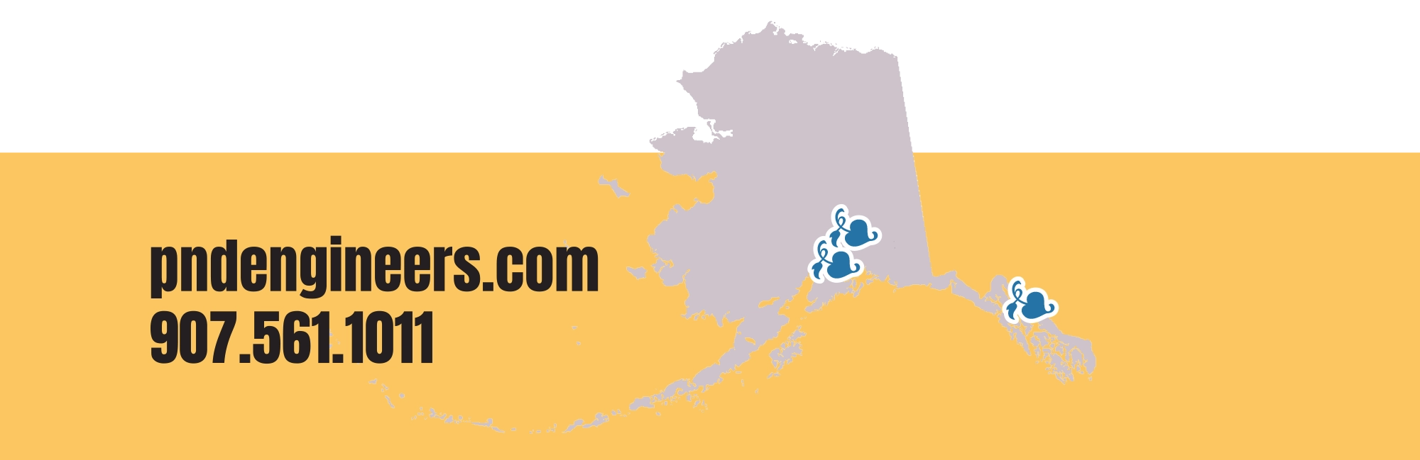 Map of Alaska with blue icons marking office locations alongside the website "pndengineers.com" and a phone number on a yellow background.