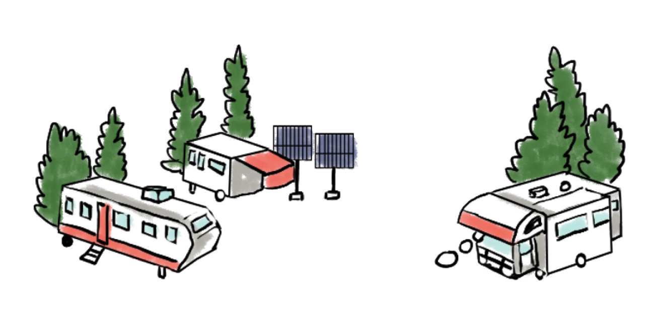 Illustration of rail cars and an RV parked among trees with solar panels, drawn in a playful watercolor style.