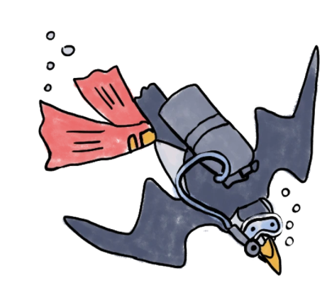 Illustration of a puffin wearing a backpack and scarf flying through the air in a whimsical watercolor style.