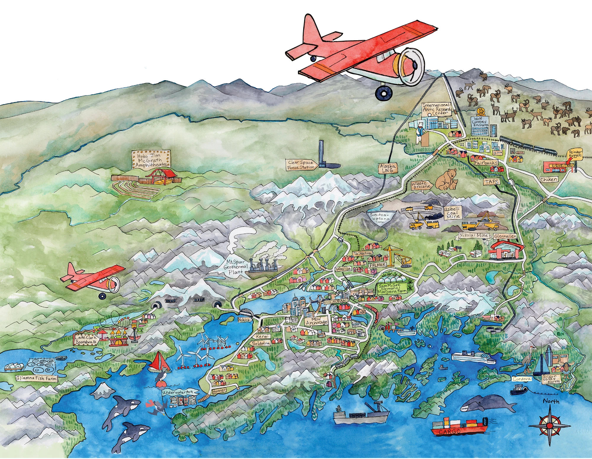 Illustrated map of Alaska in watercolor style featuring cities, wildlife, transportation, natural resources, and community landmarks, with a rocket flying overhead.