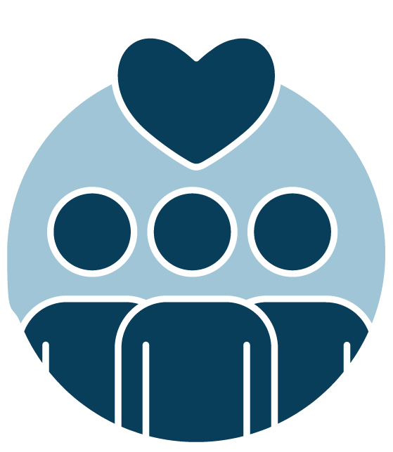 Icon of three simplified people figures beneath a downward-pointing shape, representing a group or membership category.
