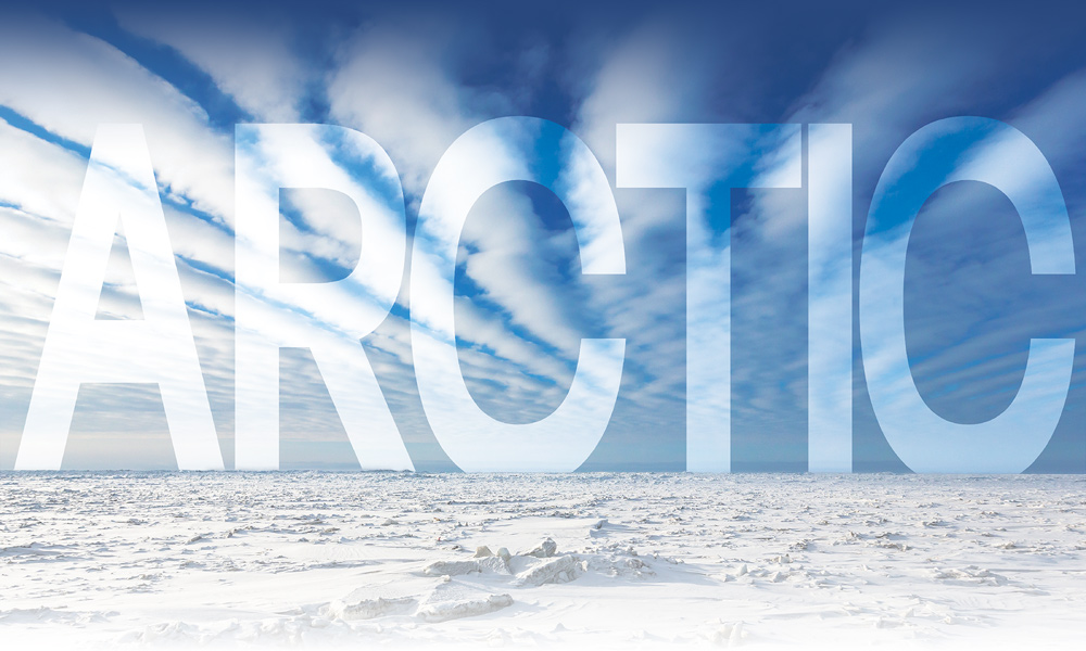 snowy landscape with large ARCTIC typography in the sky