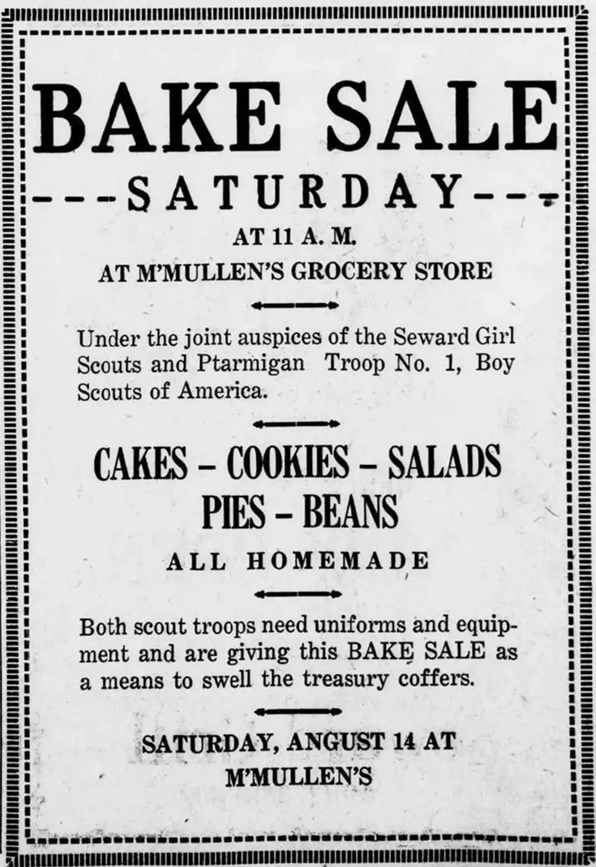 A vintage black-and-white newspaper advertisement for a bake sale at M'Mullen's Grocery Store, hosted by the Seward Girl Scouts and Ptarmigan Troop No. 1, Boy Scouts of America.