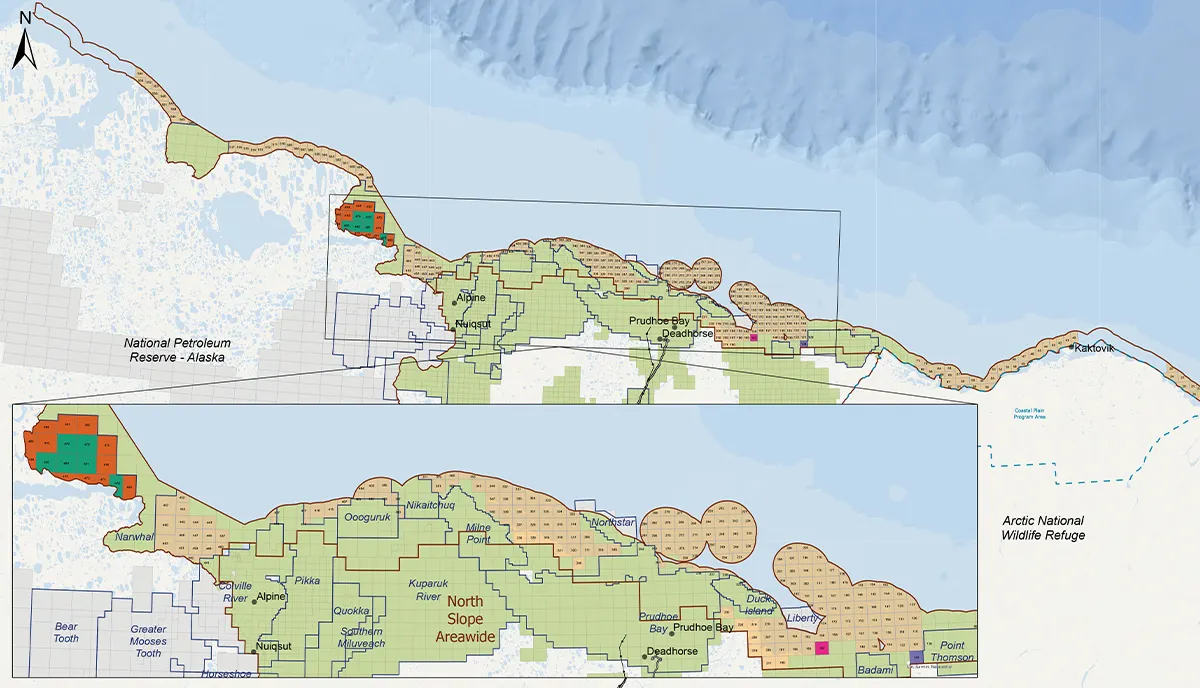 A detailed technical map of the North Slope of Alaska showing oil and gas lease areas, including the National Petroleum Reserve-Alaska, Prudhoe Bay, and the Arctic National Wildlife Refuge