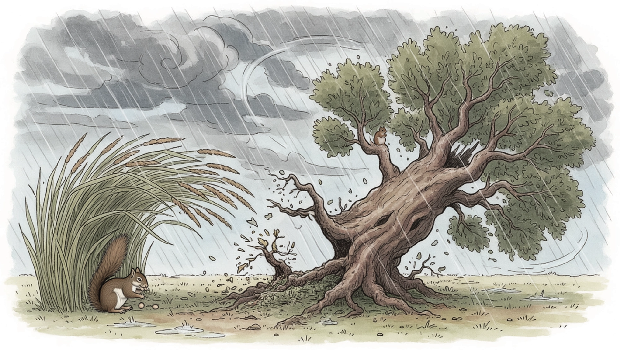 Digital Adobe Firefly illustration of a squirrel sheltered in tall grass while a large tree breaks in a storm