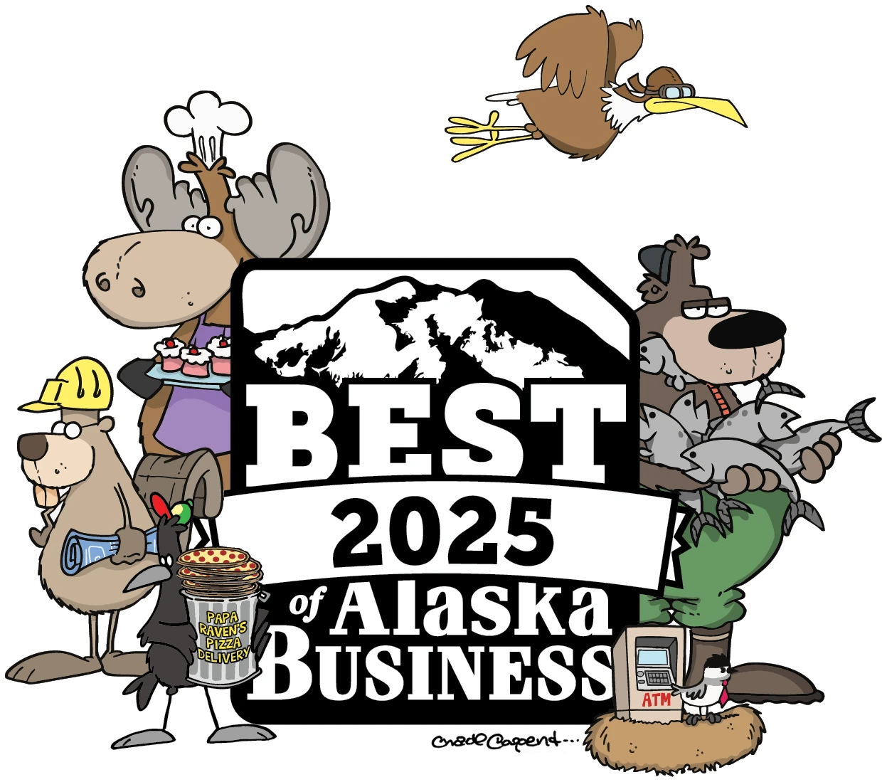 Cartoon graphic reading “Best 2025 of Alaska Business” surrounded by illustrated Alaska animals and workers representing different industries.