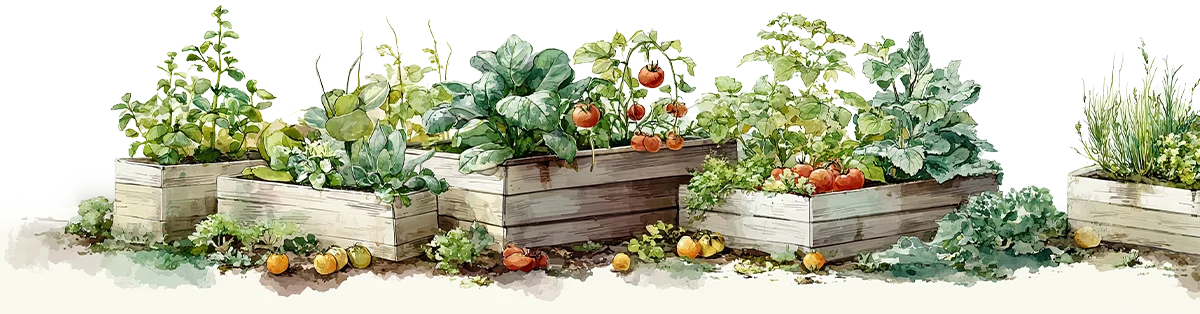watercolor illustration of wooden planters with vegetables and greens