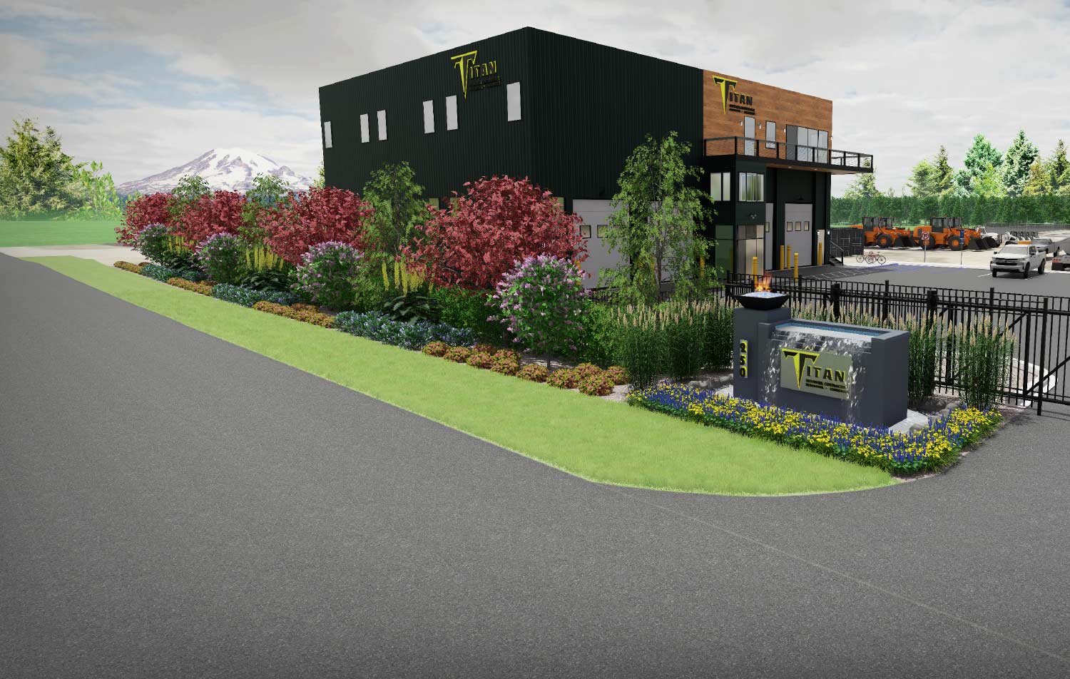 An architectural rendering of a modern commercial building for Titan Network Contracting, featuring black metal siding, wood accents, and lush landscaping with a water-feature monument sign. A snow-capped mountain is visible in the background.