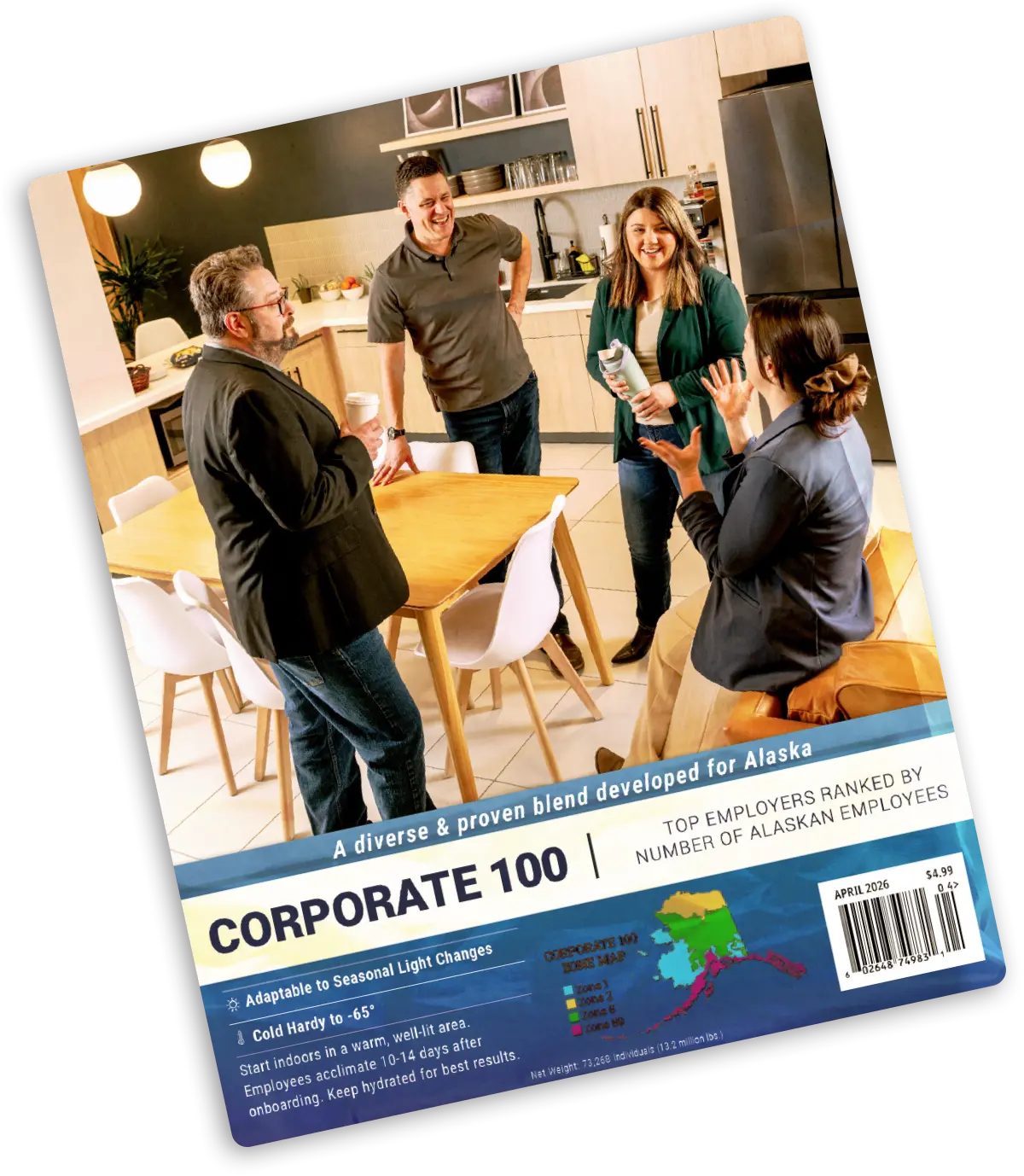 Cover of "Corporate 100," featuring a photo of four colleagues talking in an office kitchen
