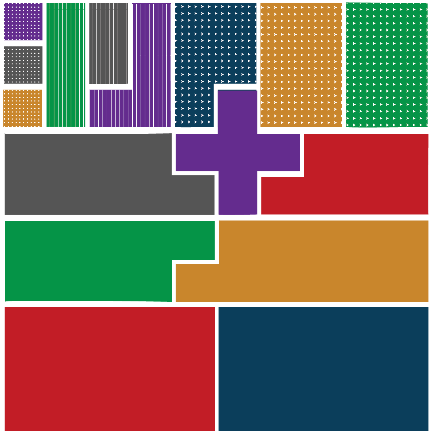 Color-block infographic made of red, blue, green, gold, purple, and gray geometric panels with dotted and striped patterns arranged in a mosaic layout.
