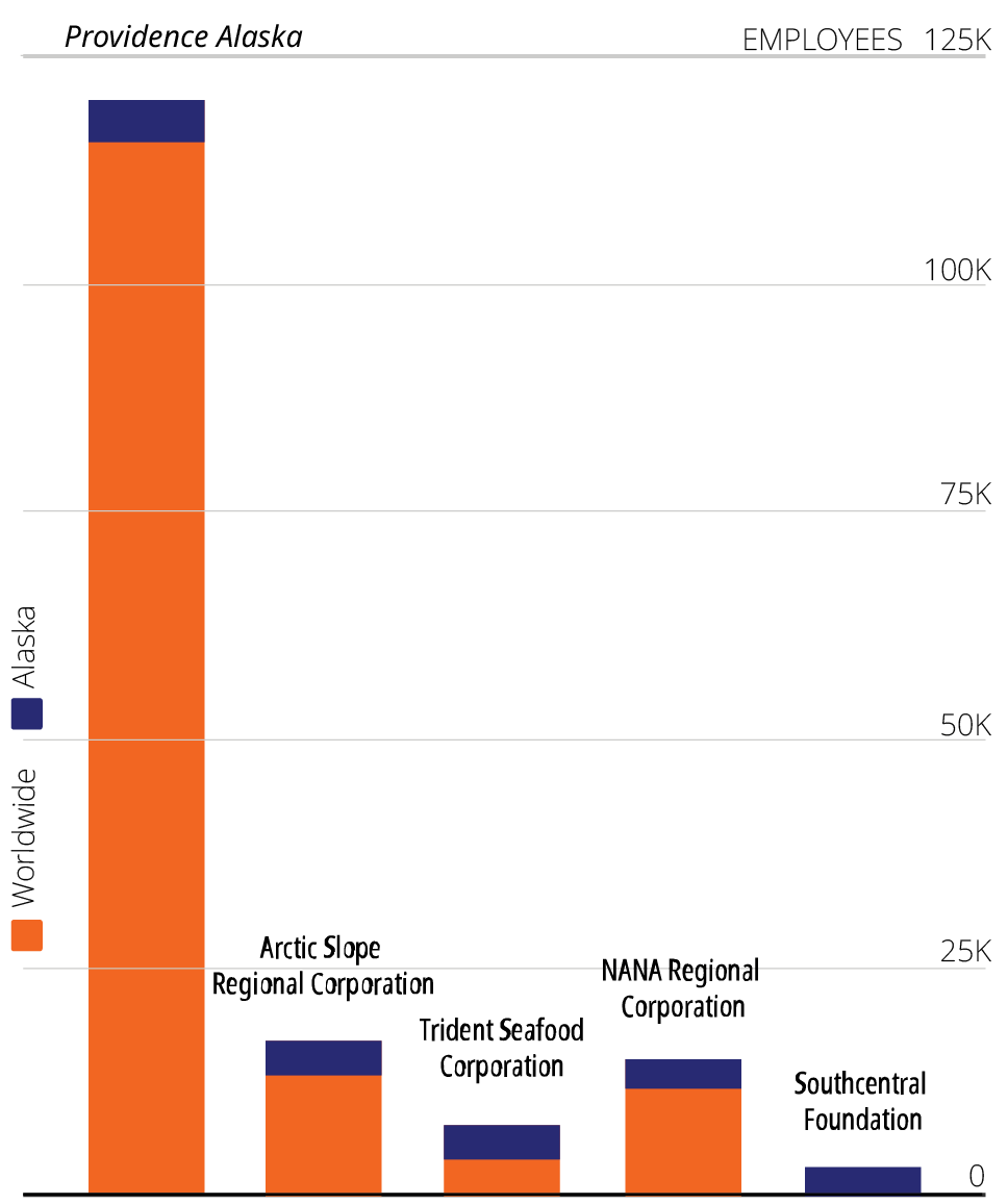 Comparison bar chart of employee counts for Providence Alaska and four other organizations, with Providence Alaska shown far higher than the others and bars divided into Alaska and worldwide totals.
