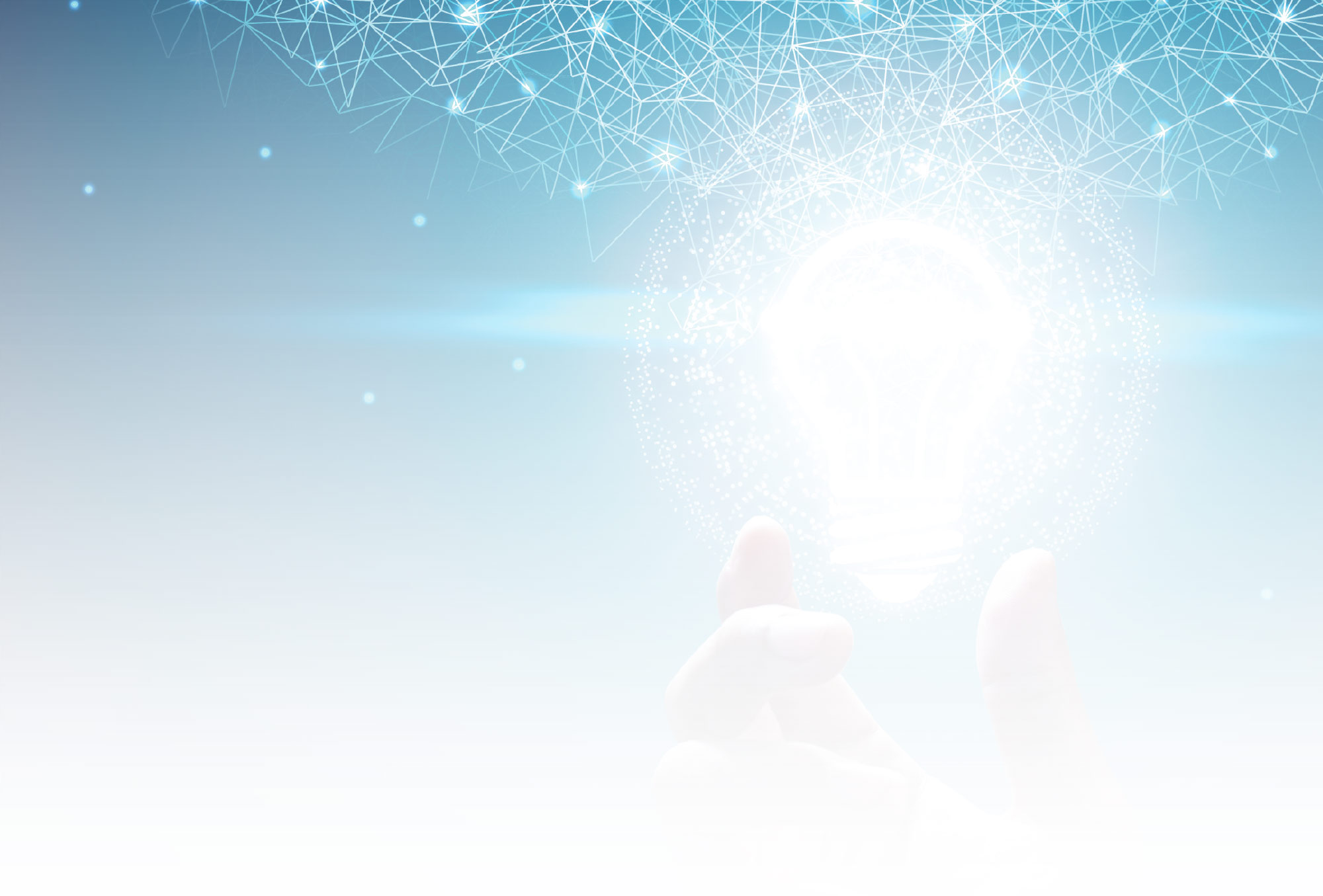 An abstract illustration of a glowing light bulb held by a hand, surrounded by a digital network of interconnected lines and dots.