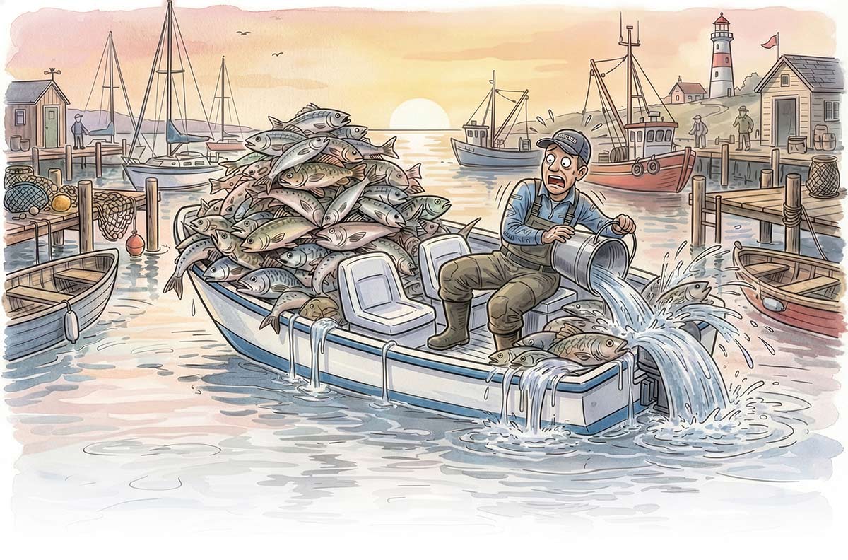 Cartoon illustration of a panicked fisherman in a small boat overflowing with a massive catch of fish