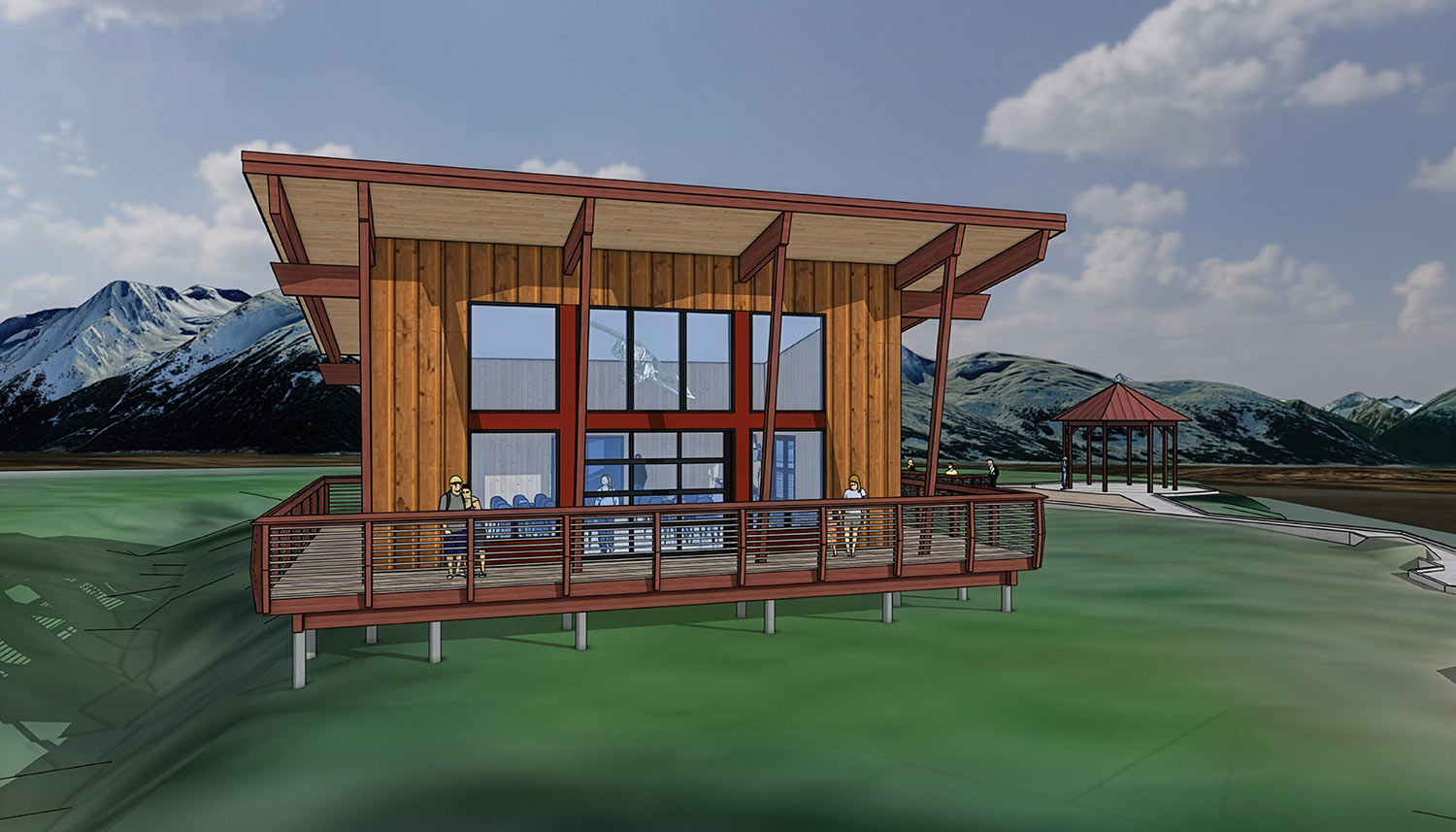 Architectural rendering of a modern wooden education center with expansive windows and a wrap-around deck, set in a scenic landscape with snow-capped mountains and a nearby gazebo