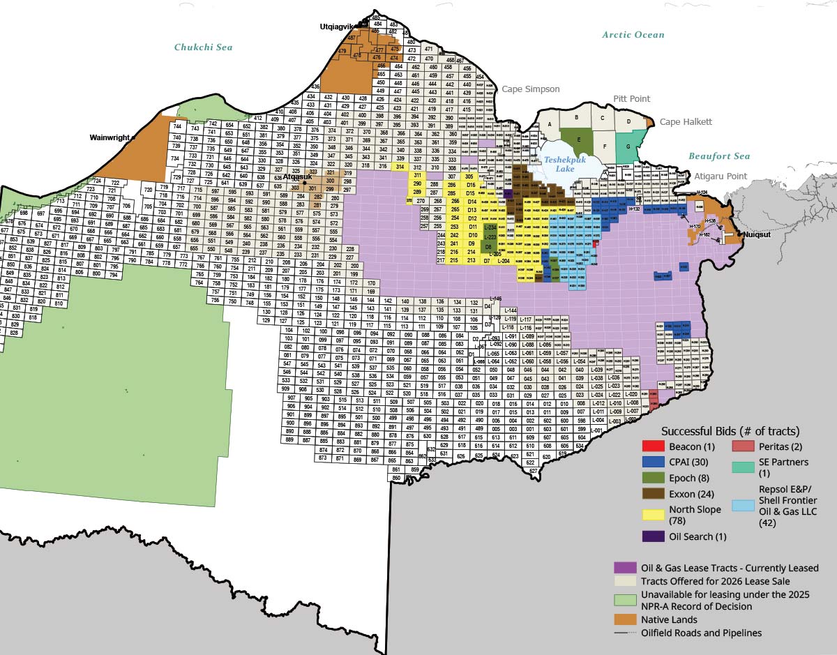 A detailed land map of Northern Alaska showing oil and gas lease tracts, colored by successful bidders and availability near the Arctic Ocean.