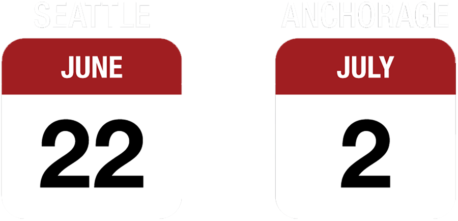 Two side-by-side calendar icons showing the date of June 22 with SEATTLE above it followed by a date of July 2 with ANCHORAGE above it