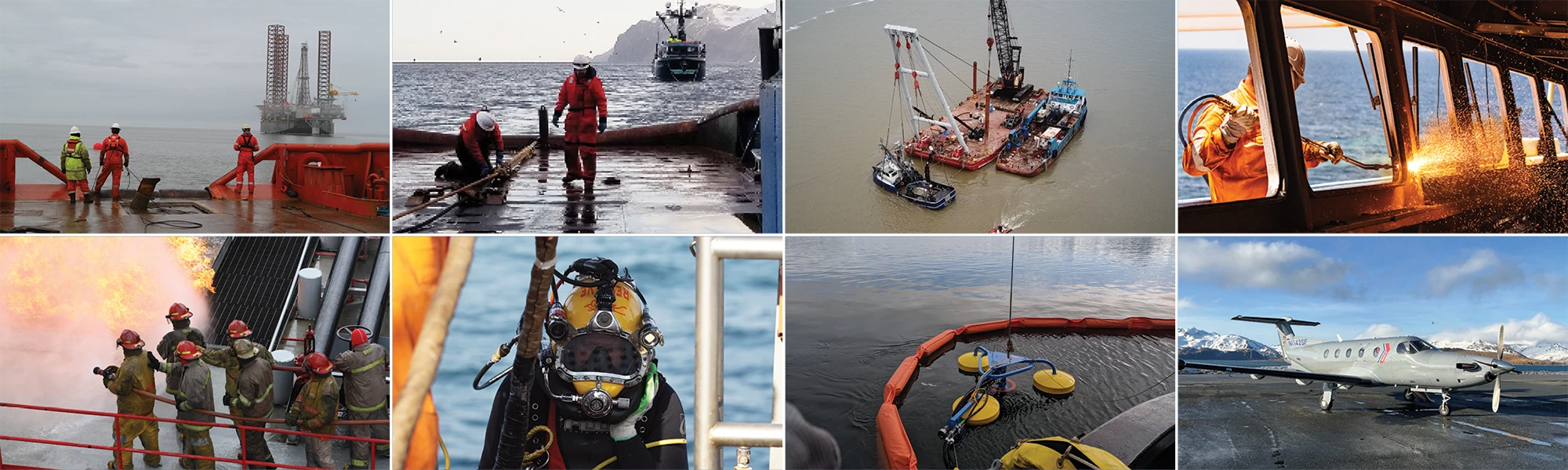 Photo collage of marine operations showing offshore workers on deck near a rig, crew on a vessel in icy waters, a barge and crane at work, a worker welding inside a boat, firefighters in a shipboard drill, a commercial diver in full helmet, oil spill containment equipment on the water, and a small aircraft on a snowy runway.