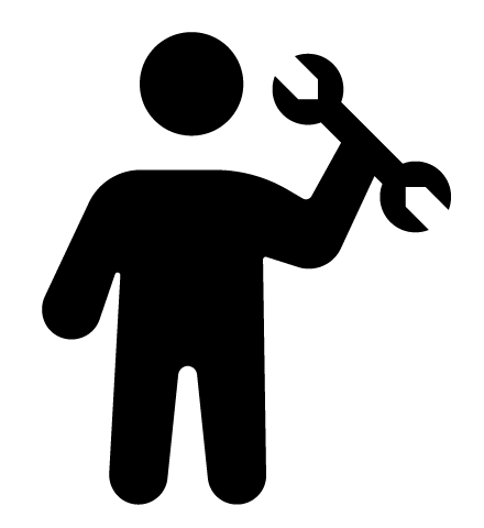 Black icon of a person holding a wrench, representing maintenance or repair.