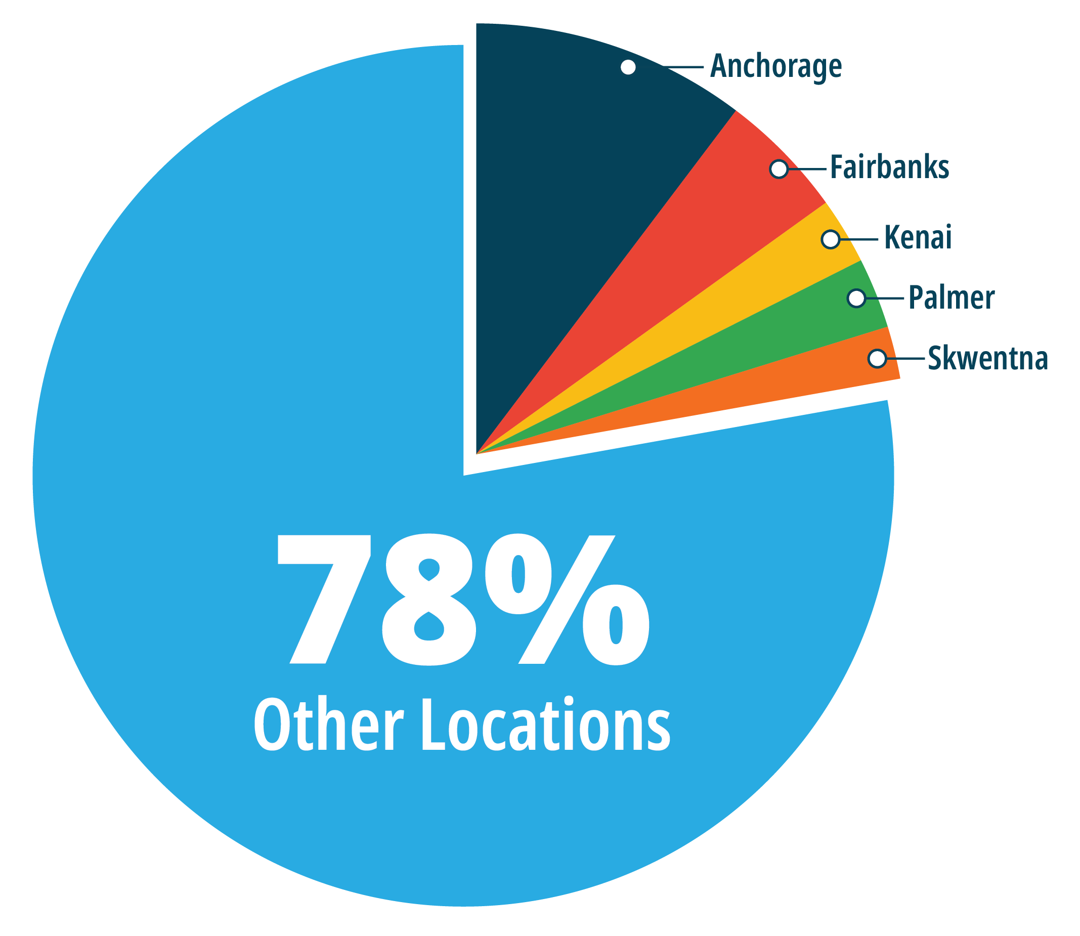 Pie chart showing 78% of aviation incidents occurred in other locations, with smaller portions labeled Anchorage, Fairbanks, Kenai, Palmer, and Skwentna.