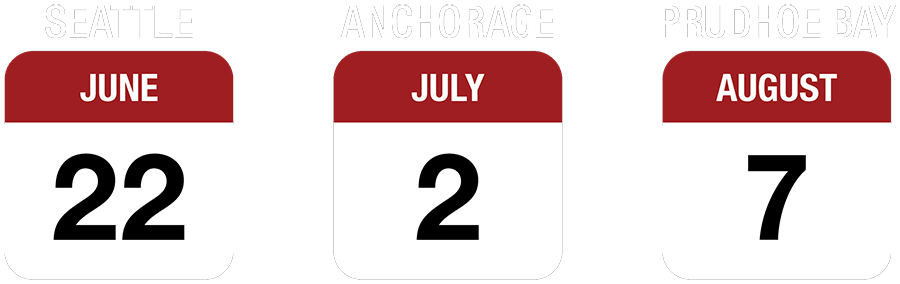 Three side-by-side calendar icons shows the date of June 22 with SEATTLE above it followed by a date of July 2 with ANCHORAGE above it and a date of August 7 with PRUDHOE BAY above it