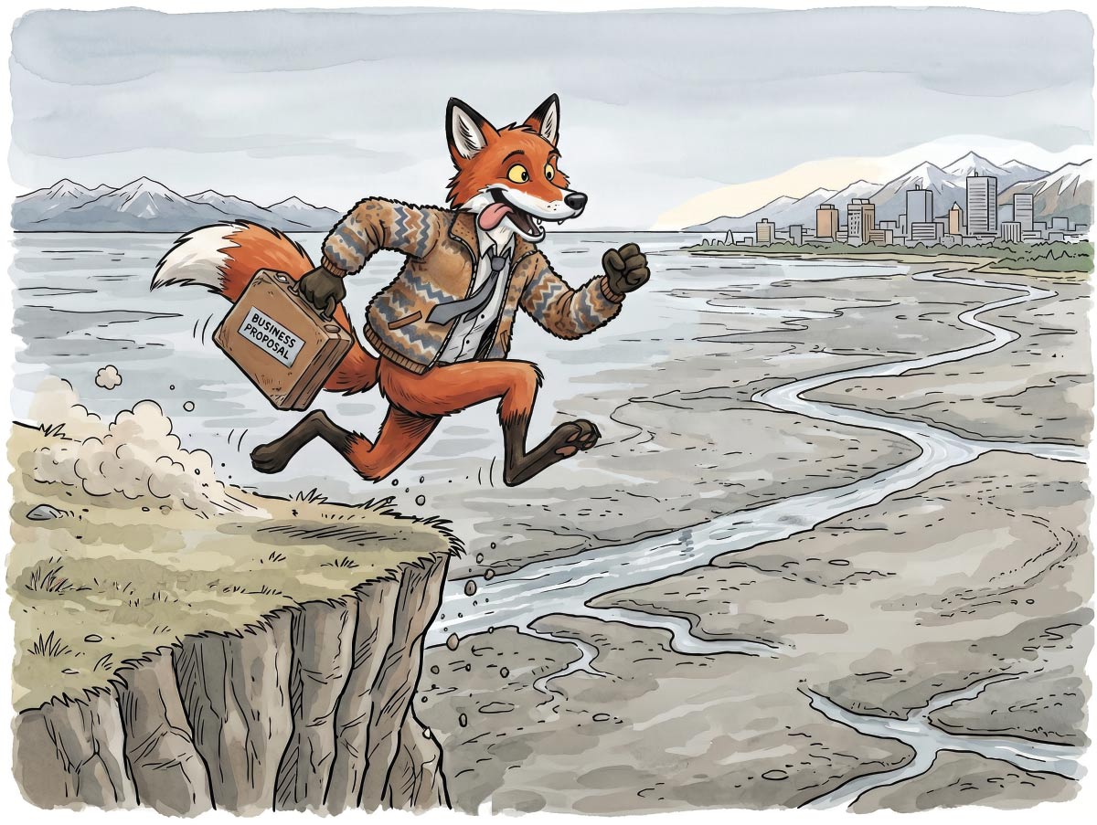 An illustration of a fox in a suit and sweater leaping off a cliff with a "Business Proposal" briefcase toward a city on a coastal mudflat.