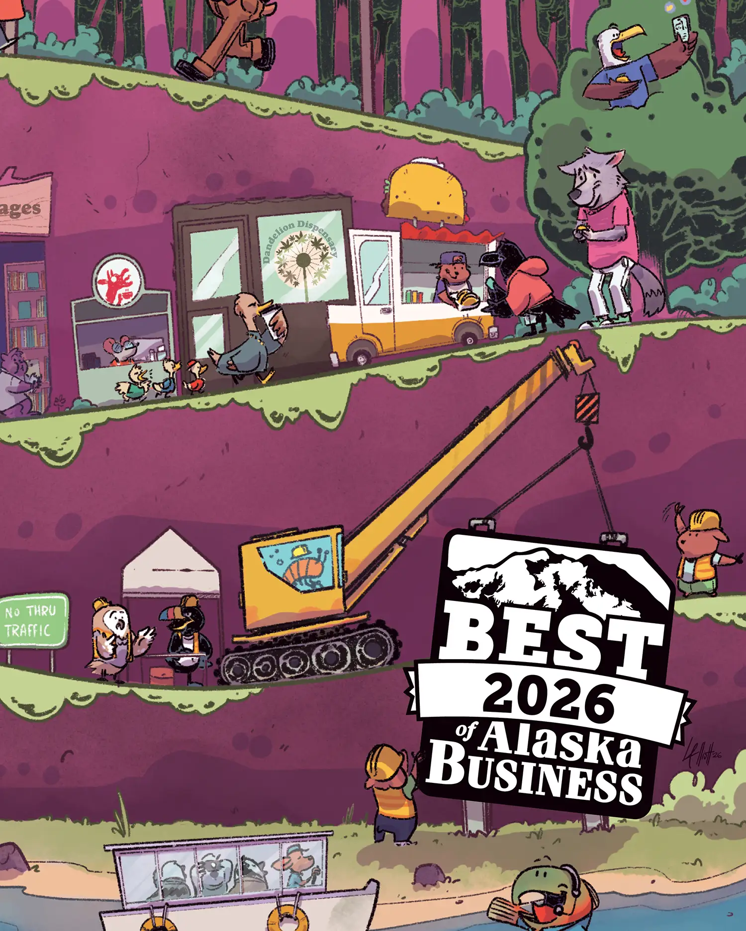 A colorful cartoon illustration of anthropomorphic animals in a tiered outdoor setting with a food truck and construction crane. A logo reads "Best 2026 of Alaska Business."