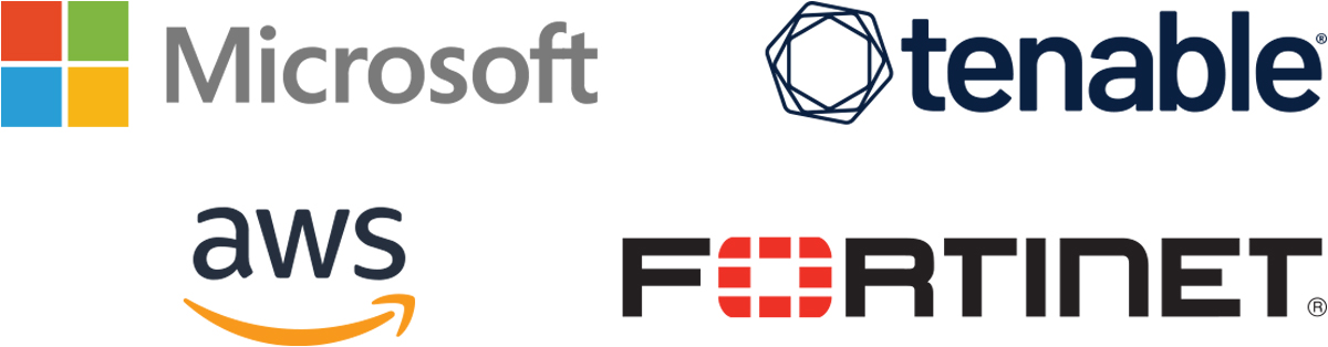Microsoft logo, Amazon Web Services logo, Tenable logo, Fortinet logo