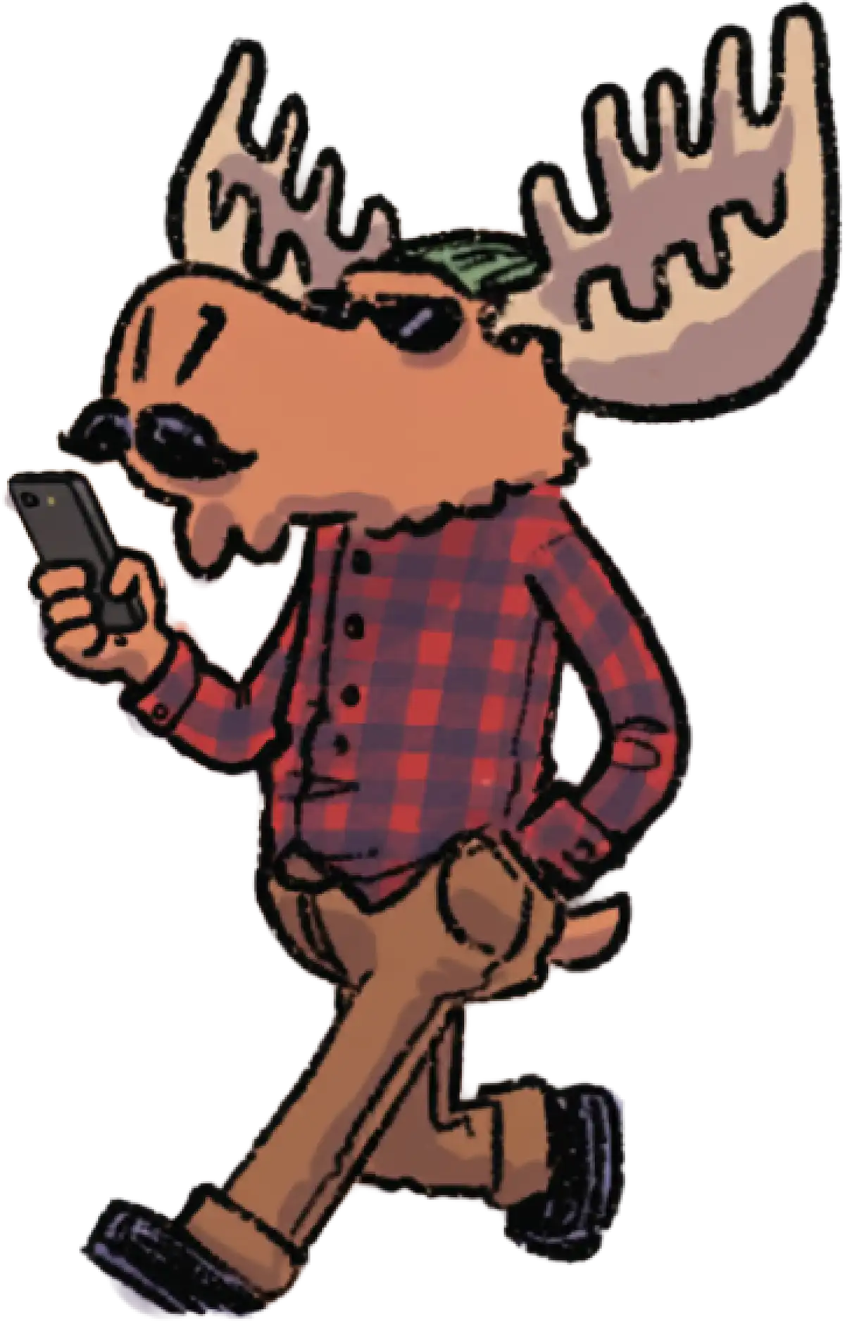 A cartoon illustration of an anthropomorphic moose with a mustache and sunglasses, wearing a red plaid shirt and brown pants, walking while looking down at a smartphone.
