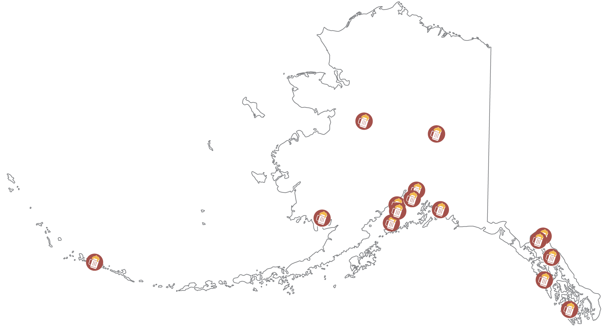 Map of Alaska showing craft brewery or brewpub locations across the state.