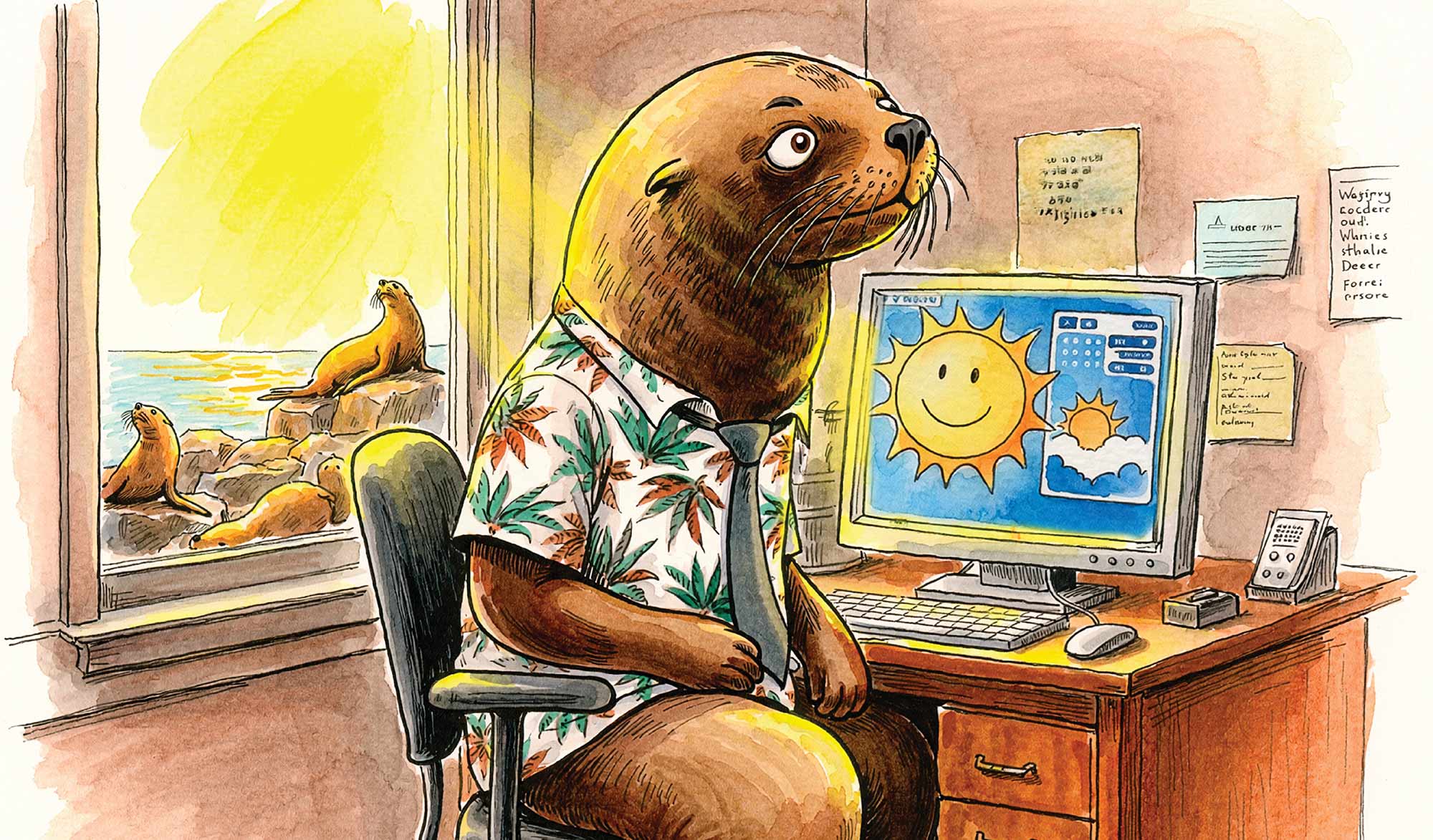 Illustration of an office-working sea lion looking at a computer screen next to a window.