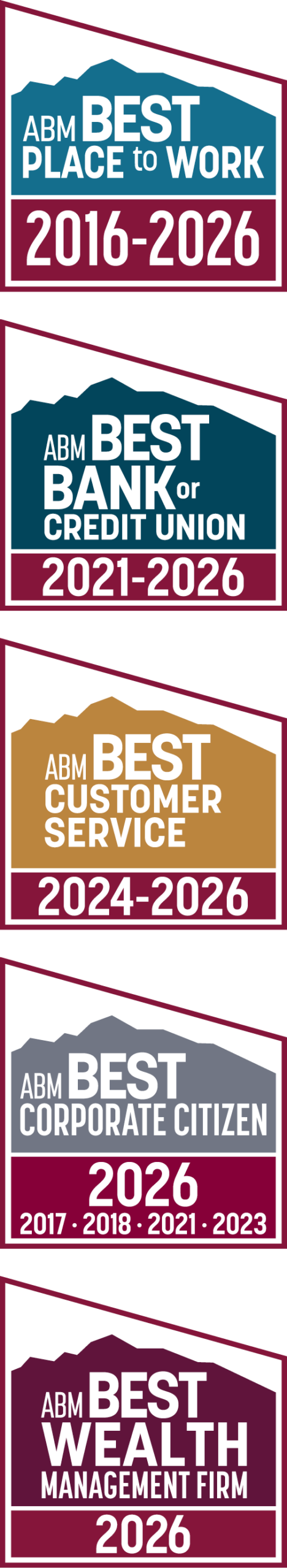 First National Bank Alaska award badges for ABM Best Place to Work, Best Bank or Credit Union, Best Customer Service, Best Corporate Citizen, and Best Wealth Management Firm.