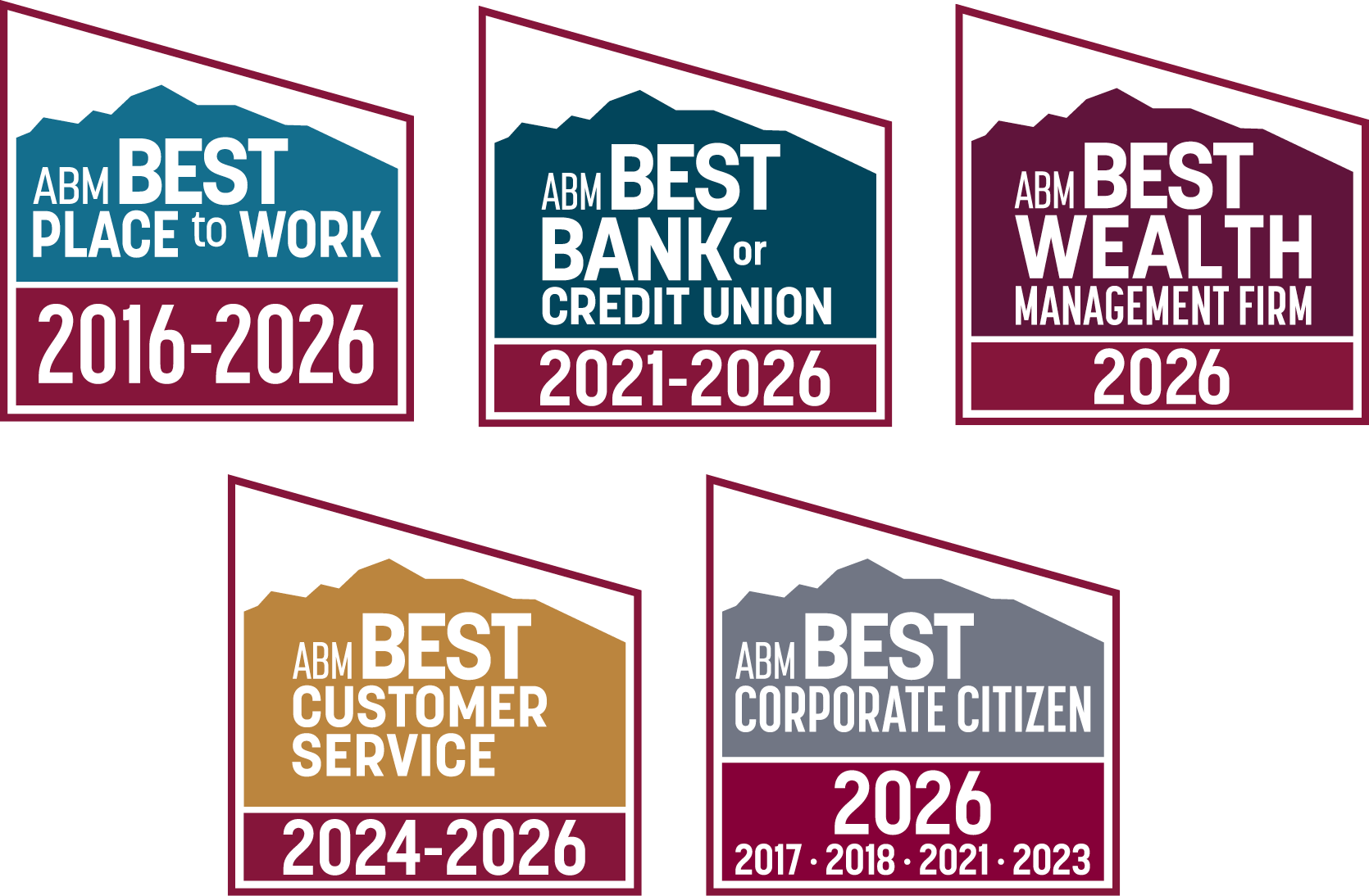 First National Bank Alaska award badges for ABM Best Place to Work, Best Bank or Credit Union, Best Customer Service, Best Corporate Citizen, and Best Wealth Management Firm.