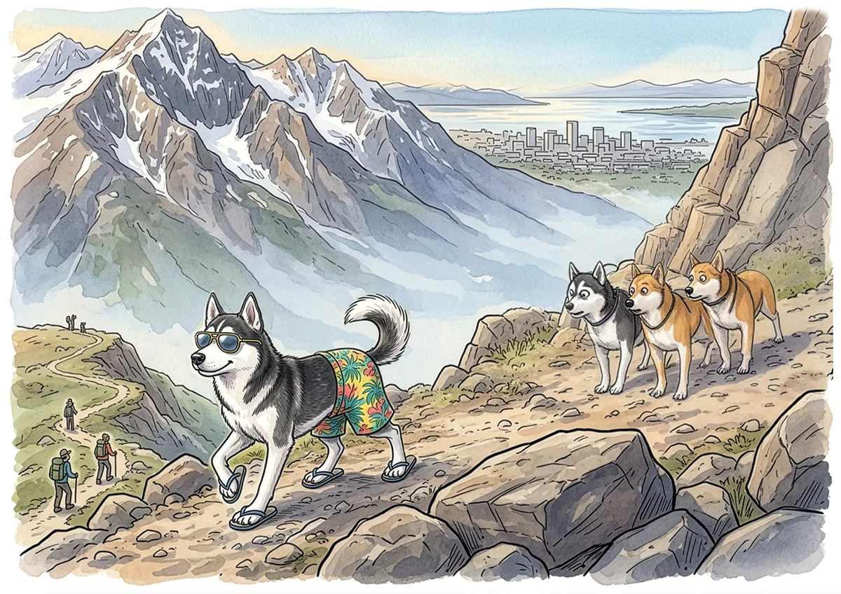Illustration of a husky in beachwear hiking past three surprised dogs on a mountain.