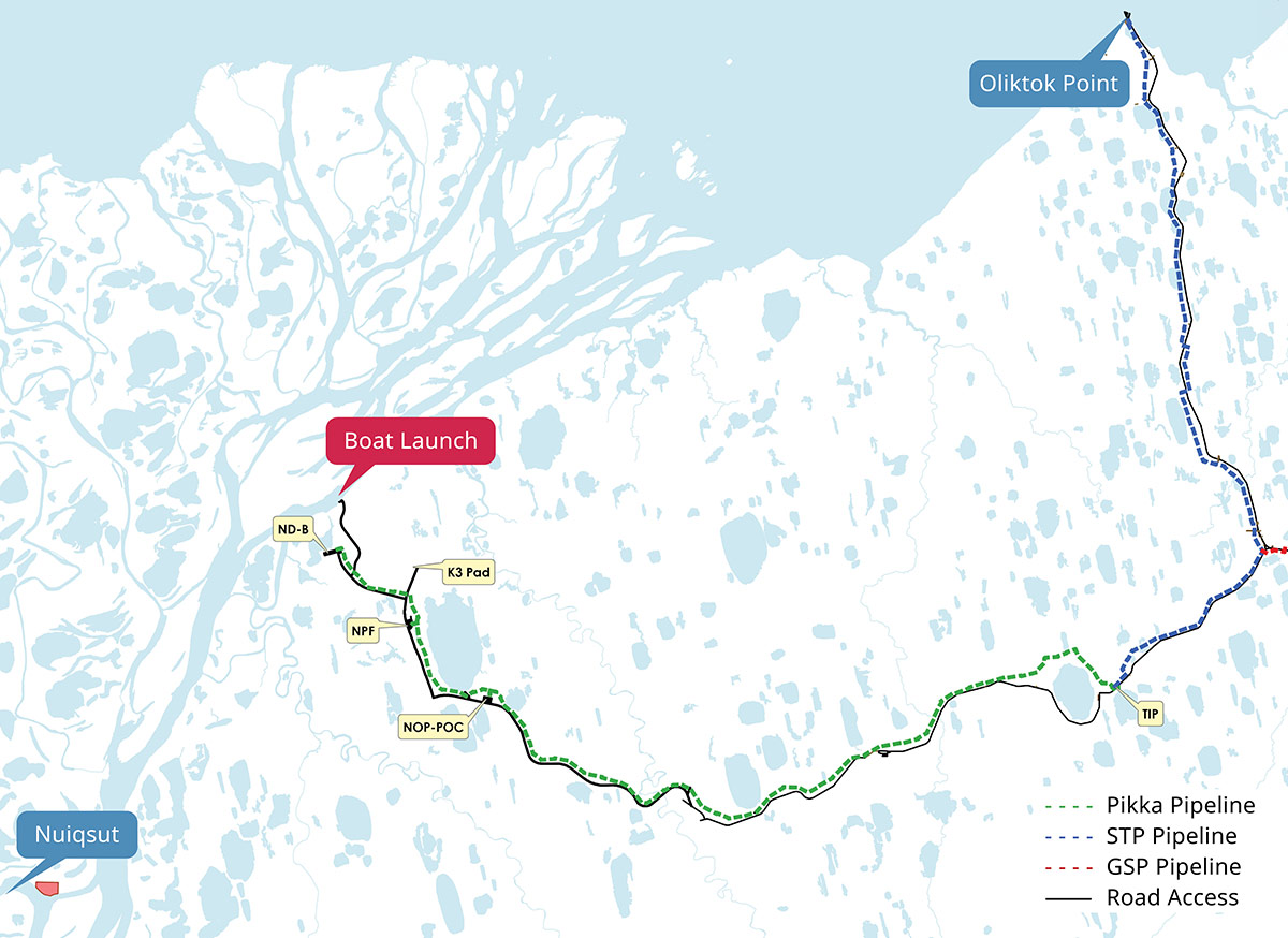 A map showing infrastructure routes between Nuiqsut and Oliktok Point. It details the Pikka, STP, and GSP pipelines alongside road access, marking specific locations like Boat Launch, NPF, and K3 Pad.